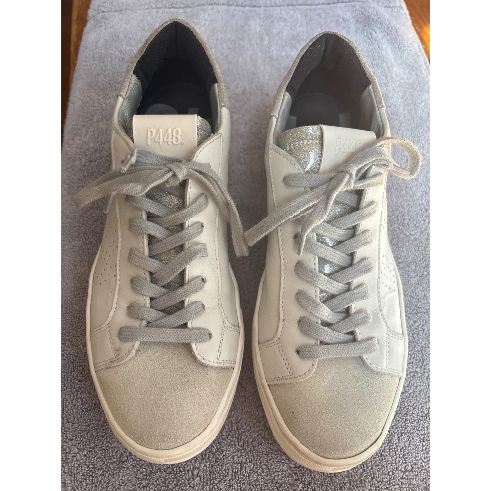 P448 John White Grey Suede Glitter Low Top Sneakers Shoes Women Size 39 EU 9 US